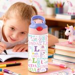 Personalised Cute Cartoon Design Word Cloud 12 oz Insulated Water Bottle with Name Daily Use Birthday Christmas Gift for Kids Toddlers