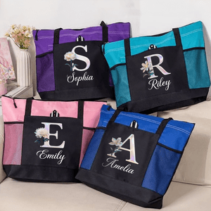 Personalized Mother of Pearl Effect Birth Flower Initial Waterproof Mesh Tote Bag  with Name Birthday Christmas Anniversary Gift for Family Friends