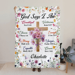 Personalised Birth Flower God Says I Am Bible Soft Throw Blanket with Name Birthday Baptism Gift for Christians Family Friends