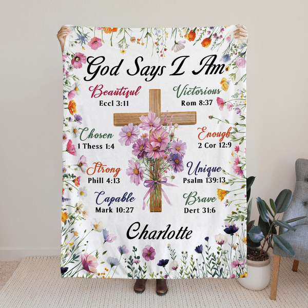 Personalised Birth Flower God Says I Am Bible Soft Throw Blanket with Name Birthday Baptism Gift for Christians Family Friends