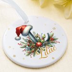 Personalized Cute Reindeer Santa Hat Initial Ceramic Christmas Ornament with Name Christmas Decor Gift for Family Friends