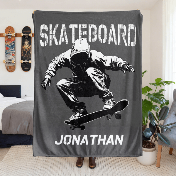 Personalisierte Skateboard Silhouette weiche Decke mit Namen Home Decor Weihnachten Geburtstag Geschenk für Familie Freunde Kinder Teenager
