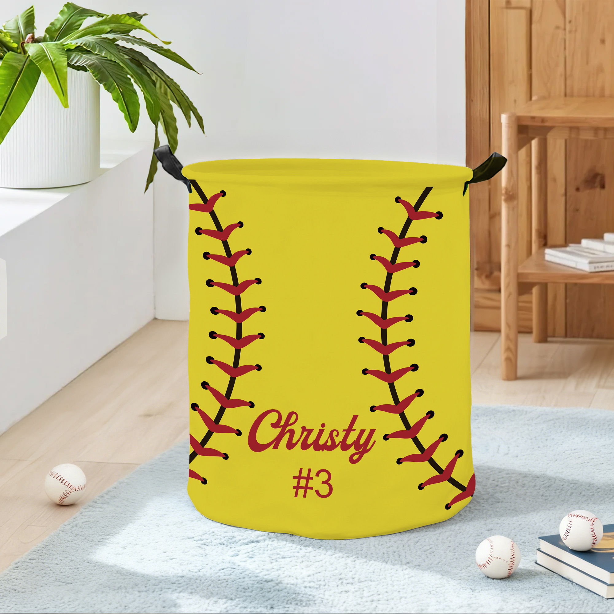 Panier de rangement étanche multisports personnalisé avec poignée Nom et numéro Cadeau de pendaison de crémaillère pour la famille Amateurs de sport