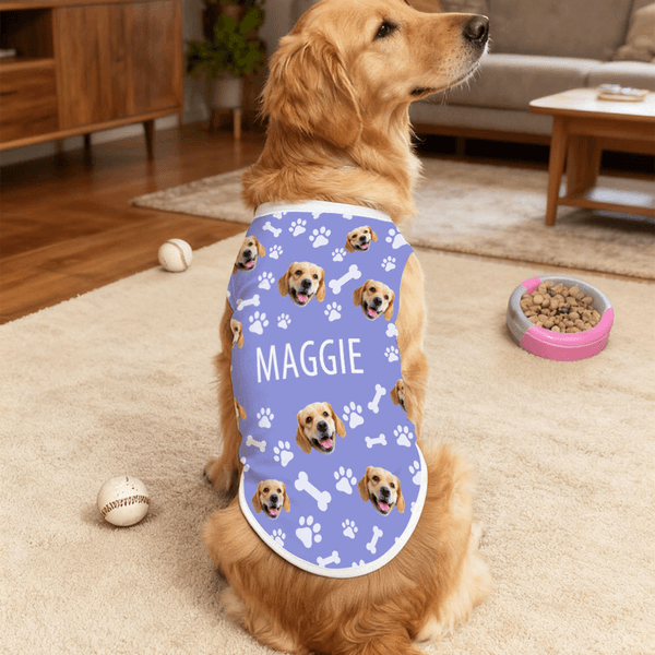 Personalised Fish Bone Paw Print 100% Cotton Soft Warm Dog Cat Pet Waistcoat with Pet Face Photo and Name Birthday Gift for Pet Owners