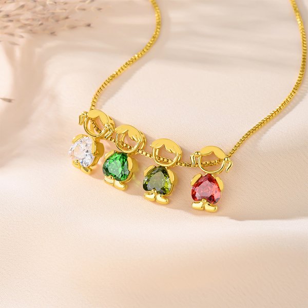 Personalized Cute Boy Girl Outline 1-6 Heart Birthstones Necklace Dainty Jewelry Gratitude Birthday Anniversary Gift for Women Kids