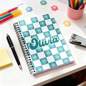 Personalized Birth Flower Checkerboard Pattern A5 Spiral Journal Notebook with Name and 60 Lined Pages Christmas Birthday Gift for Kids