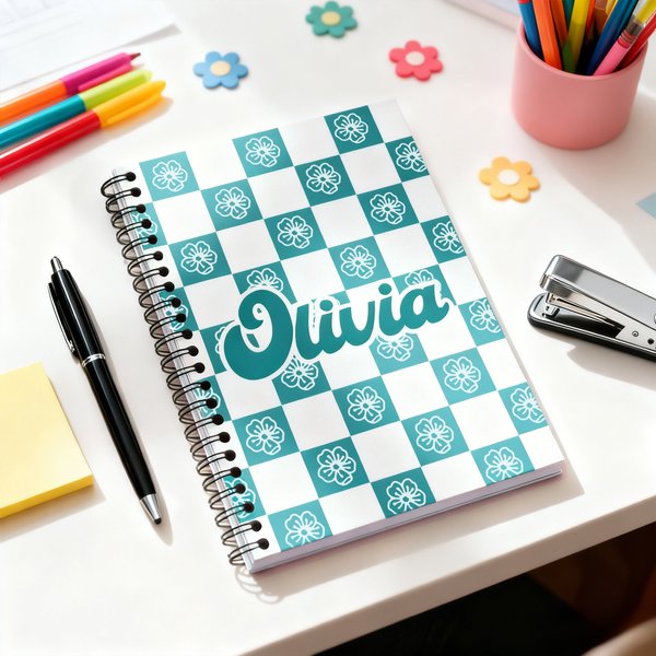 Personalised Birth Flower Checkerboard Pattern A5 Spiral Journal Notebook with Name and 60 Lined Pages Christmas Birthday Gift for Kids