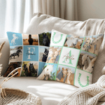 Personalized Nine-Square Grid Photo Horseshoe Soft Throw Pillow Cover with Name and Initial Home Decor Equestrian Game Day Gift for Horse Lovers