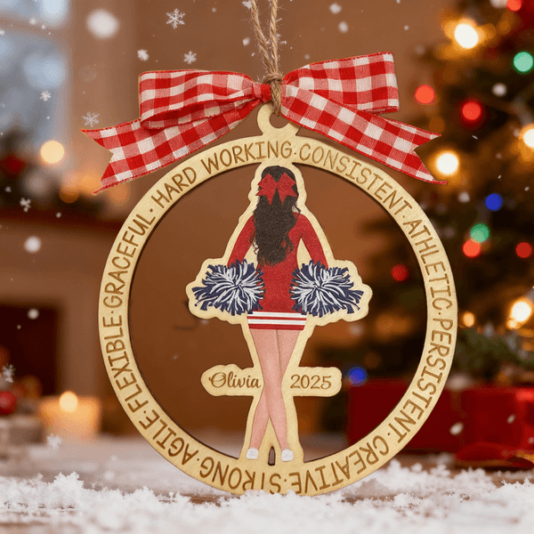 Personalisierte Cheerleader Mädchen rot karierten Bogen hölzerne Ornament mit Namen und Jahr Weihnachten Team Geburtstag Geschenk für Cheerleader