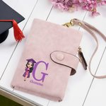 Personalised Cartoon Graduate Character Tri-fold PU Leather Wristlet Wallet with Initial and Card Holder  Graduation Birthday Gift for Women Graduates