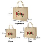 Personlig återanvändbar juteväska med julkonst och handskrivna namn perfekt julklapp för barn och familj