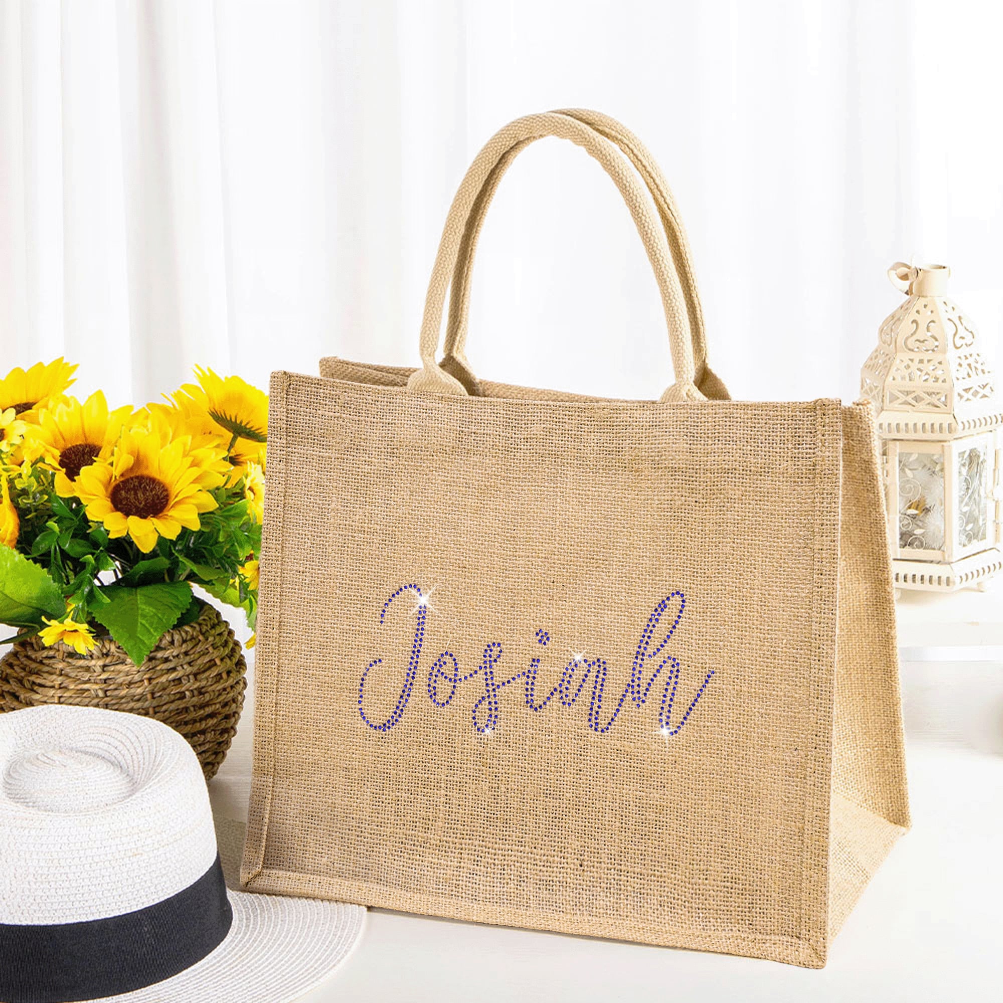 Sac en Toile de Jute Personnalisé avec Nom en Strass Brillant Cadeau d'Anniversaire de Mariage pour les Femmes