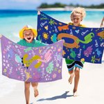 Personalized Dinosaur Flower Tree Quick Dry Soft Oversized Beach Towel with Initial and Name Beach Party Birthday Gift for Kids Dinosaur Lovers