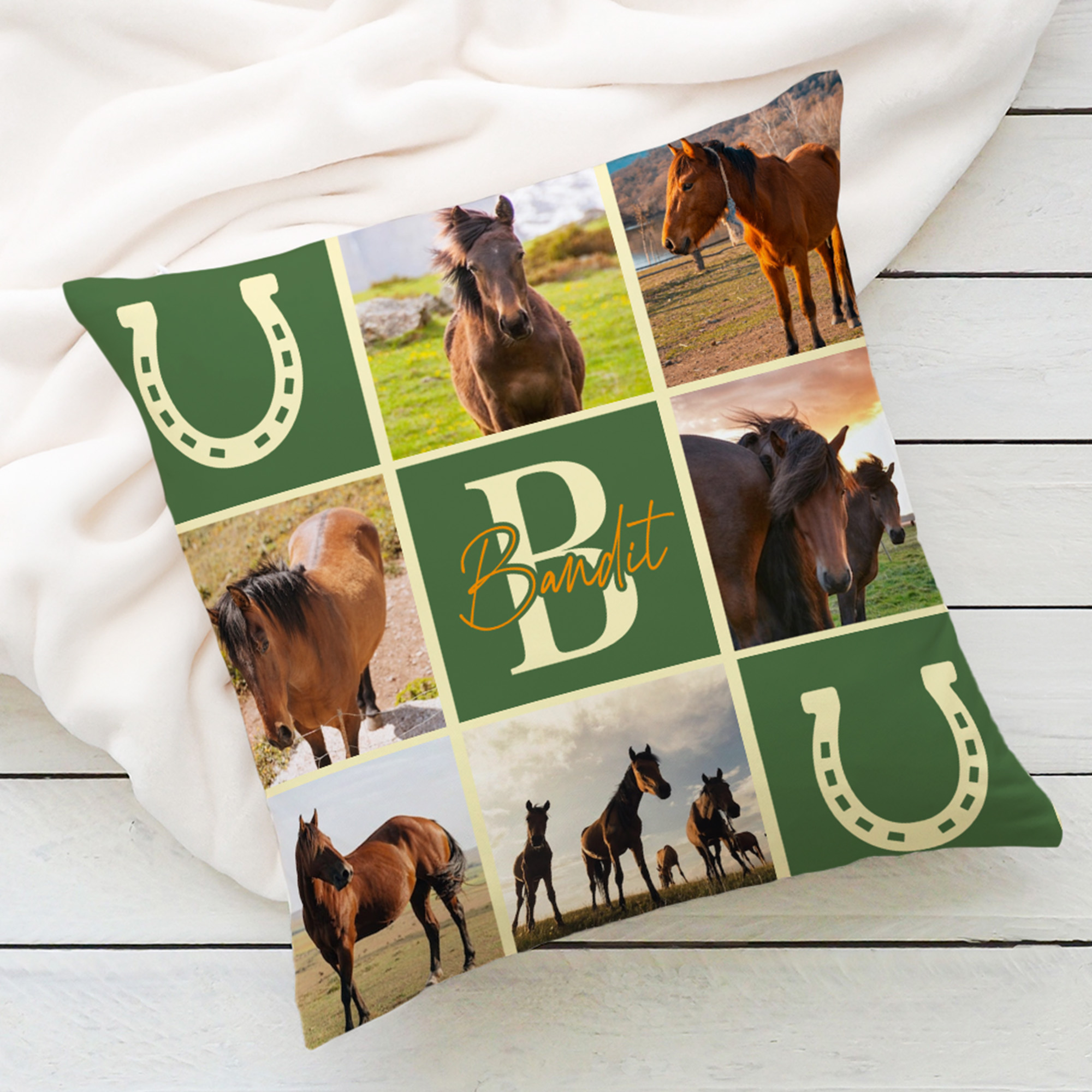 Housse de Coussin Douce Personnalisée avec Grille Photo Neuf Carrés Nom et Initiale Cadeau Jour de Compétition Équestre pour Amoureux des Chevaux