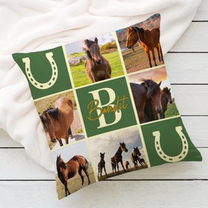 Personalized Nine-Square Grid Photo Horseshoe Soft Throw Pillow Cover with Name and Initial Home Decor Equestrian Game Day Gift for Horse Lovers
