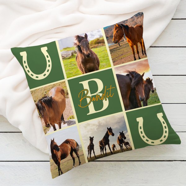 Personalised Nine-Square Grid Photo Horseshoe Soft Cushion Cover with Name and Initial Home Decor Equestrian Game Day Gift for Horse Lovers
