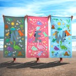 Personalized Dinosaur Flower Tree Quick Dry Soft Oversized Beach Towel with Initial and Name Beach Party Birthday Gift for Kids Dinosaur Lovers