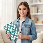 Personalized Birth Flower Checkerboard Pattern A5 Spiral Journal Notebook with Name and 60 Lined Pages Christmas Birthday Gift for Kids