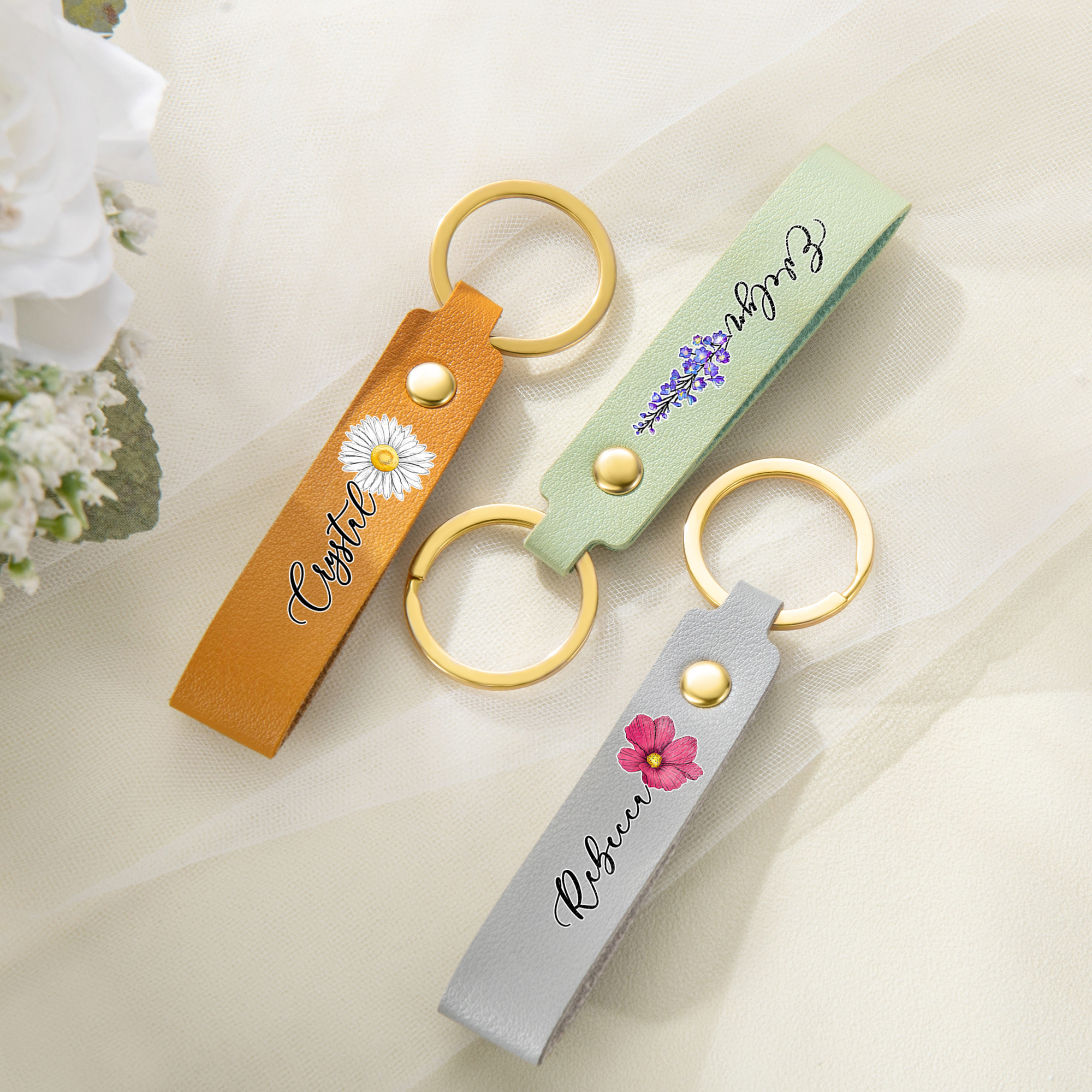 Porte-clés personnalisé en cuir PU avec nom, style aquarelle, fleur de naissance, fête de mariage, anniversaire, cadeau pour elle