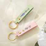 Personalized Watercolor Style Birth Flower PU Leather Keychain with Name Wedding Party Birthday Anniversary Gift for Her