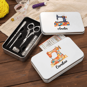 Personalized Patch Sewing Machine 6 Pcs Sewing Tools Set with Tin Box and Name Birthday Gift for Tailor Sewing Lover