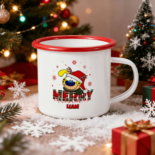 Personalised Long Tailed Marsupilami Merry Christmas 12 oz Enamel Mug with Name Christmas Gift for Family Friend | Callie × Marsupilami®