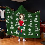 Personalised Multicolour Soccer Cartoon Character Soft Hooded Blanket with Name and Number Game Day Team Birthday Gift for Soccer Lovers
