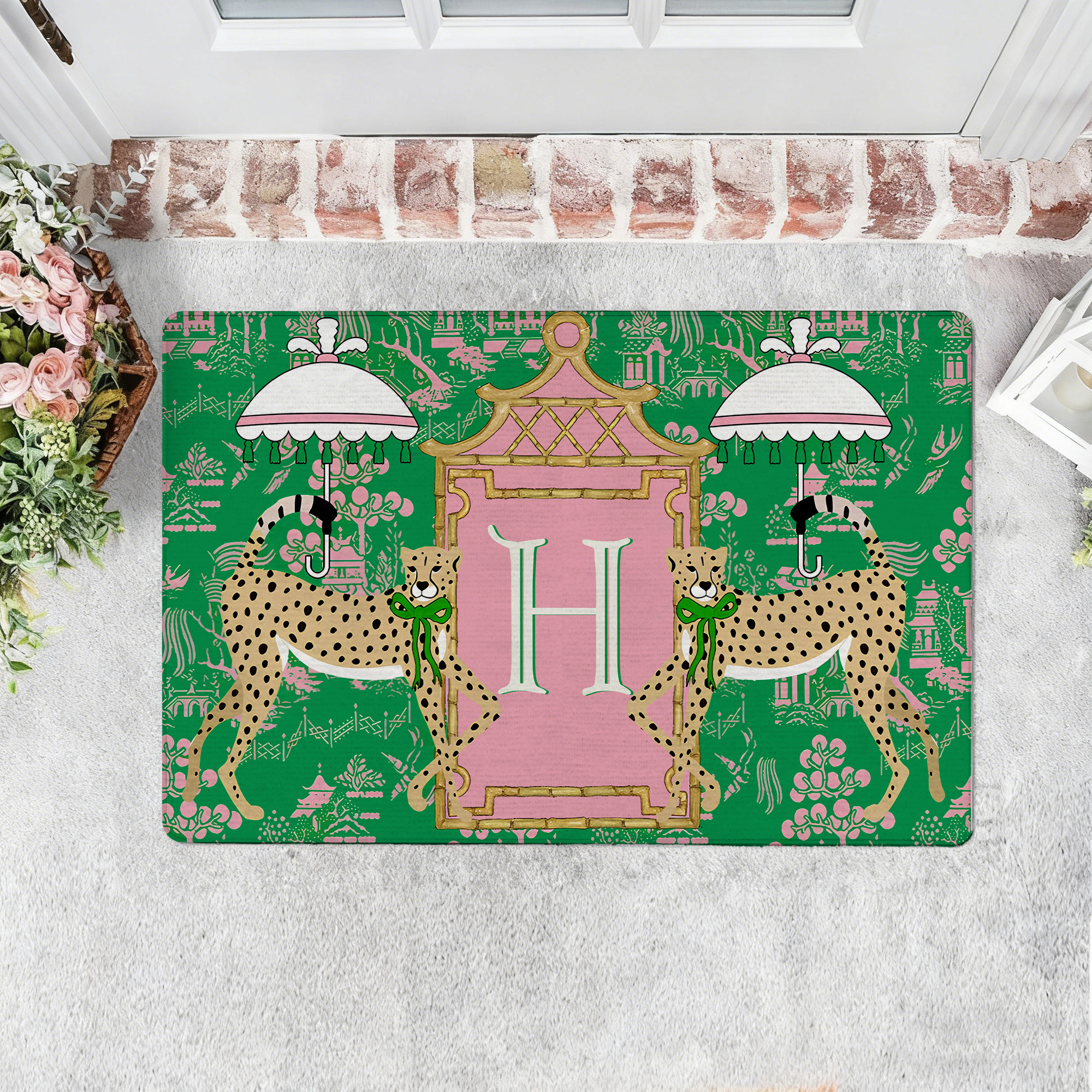 Tapis de porte antidérapant Leopard Pagoda Chinoiserie avec Initiales Décoration d'entrée Cadeau de pendaison de crémaillère pour la famille