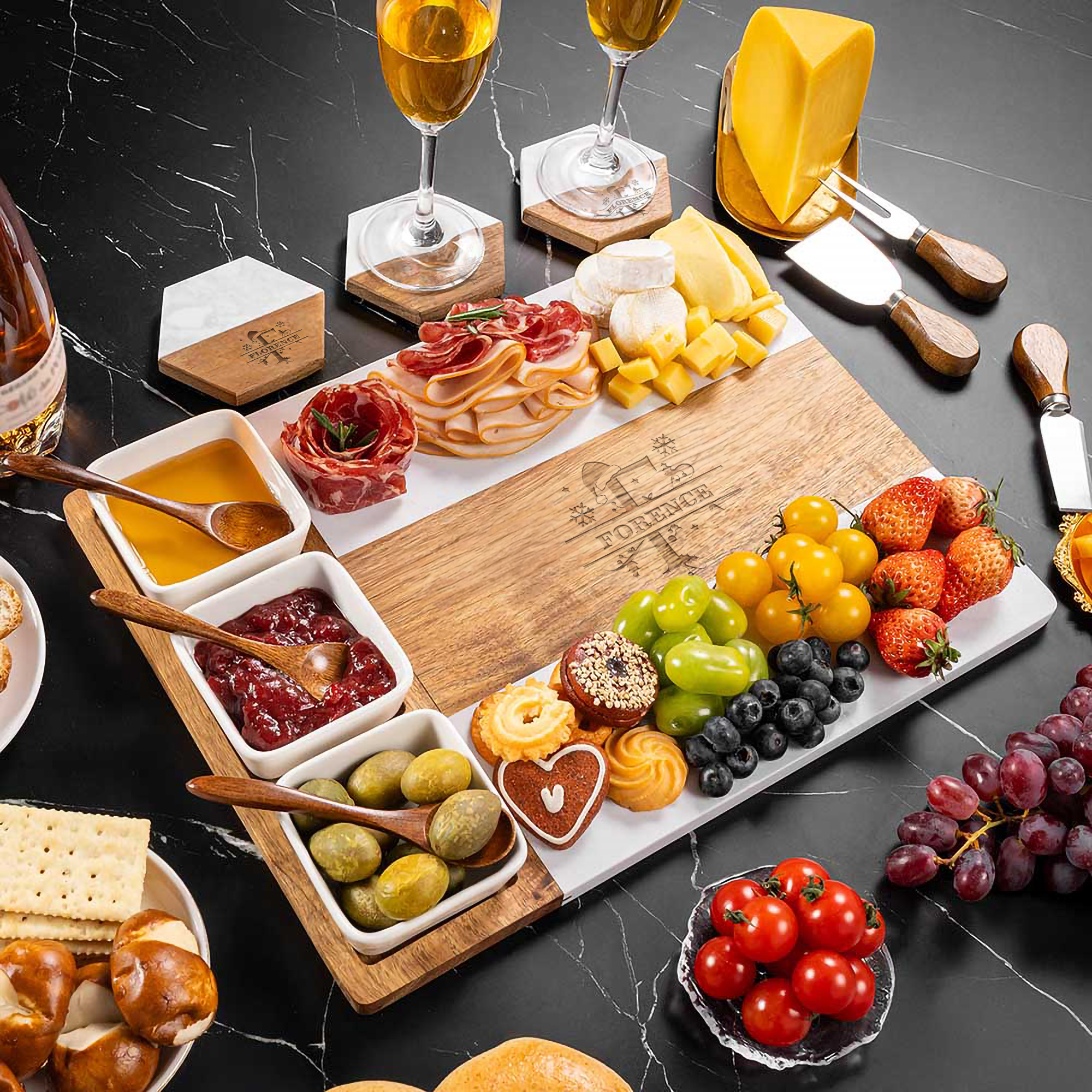 Planche à découper en marbre 11 pièces avec bol en céramique Cadeau de Noël pour la famille et les amis