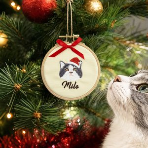 Personalized Embroidered Pet Face Photo Ornament with Name and Red Bow Holiday Tree Decor Christmas Gift for Pet Lovers