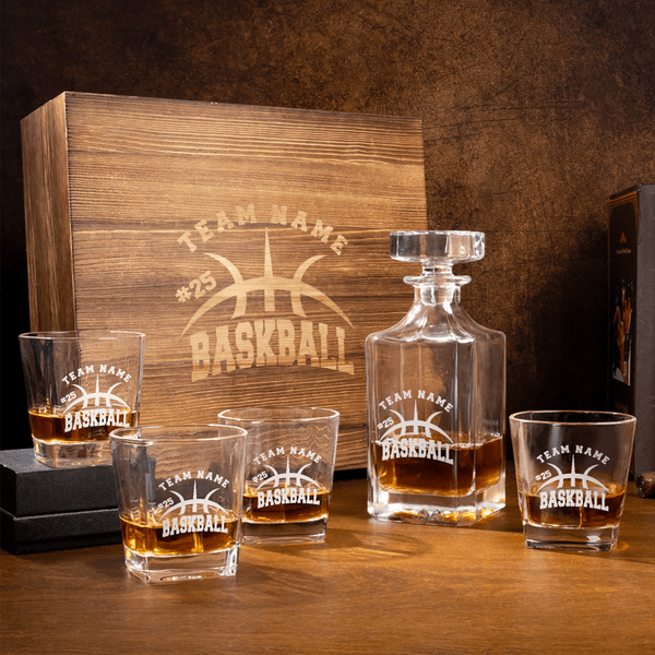 Personalized Basketball Whiskey Decanter Glass Box with Engraved Team Name and Number Birthday Anniversary Gift for Liquor Lovers
