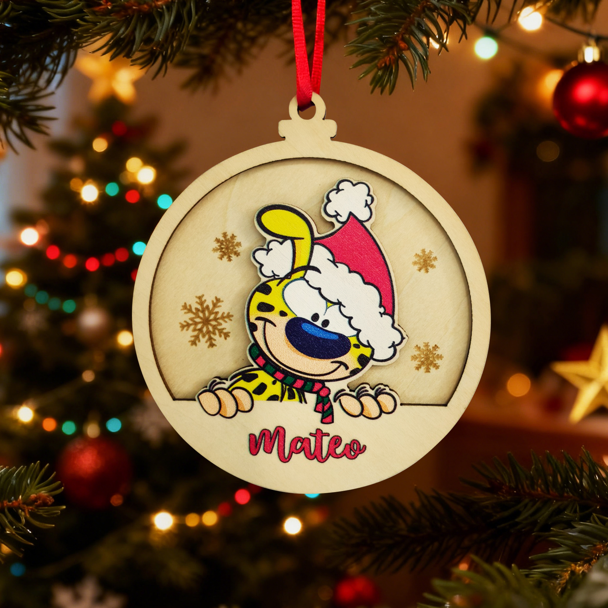 Ornement de Noël personnalisé en Marsupilami léopard à pois jaunes avec nom Décoration de l'arbre Cadeau de Noël pour les enfants | Callie × Marsupilami®.