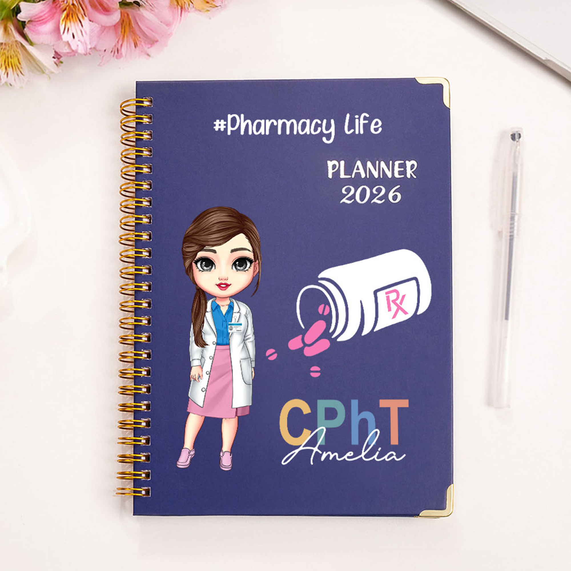 Personnalisé Cartoon Medical Character 2026 Planner Spiral A5 Notebook with Weekly Monthly Planner Pages Birthday Gift for Pharmacists Women