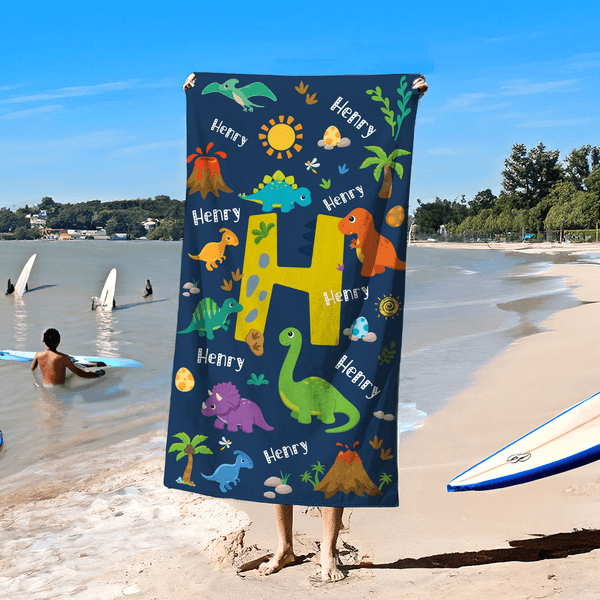 Personalized Dinosaur Flower Tree Quick Dry Soft Oversized Beach Towel with Initial and Name Beach Party Birthday Gift for Kids Dinosaur Lovers
