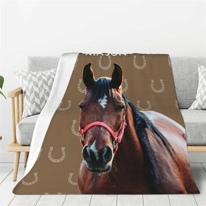 Personalized Painted Horse Photo Horseshoe Print Soft Throw Blanket with Name Home Decor Birthday Gift for Horse Lovers Family Friends