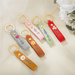 Personalized Watercolor Style Birth Flower PU Leather Keychain with Name Wedding Party Birthday Anniversary Gift for Her
