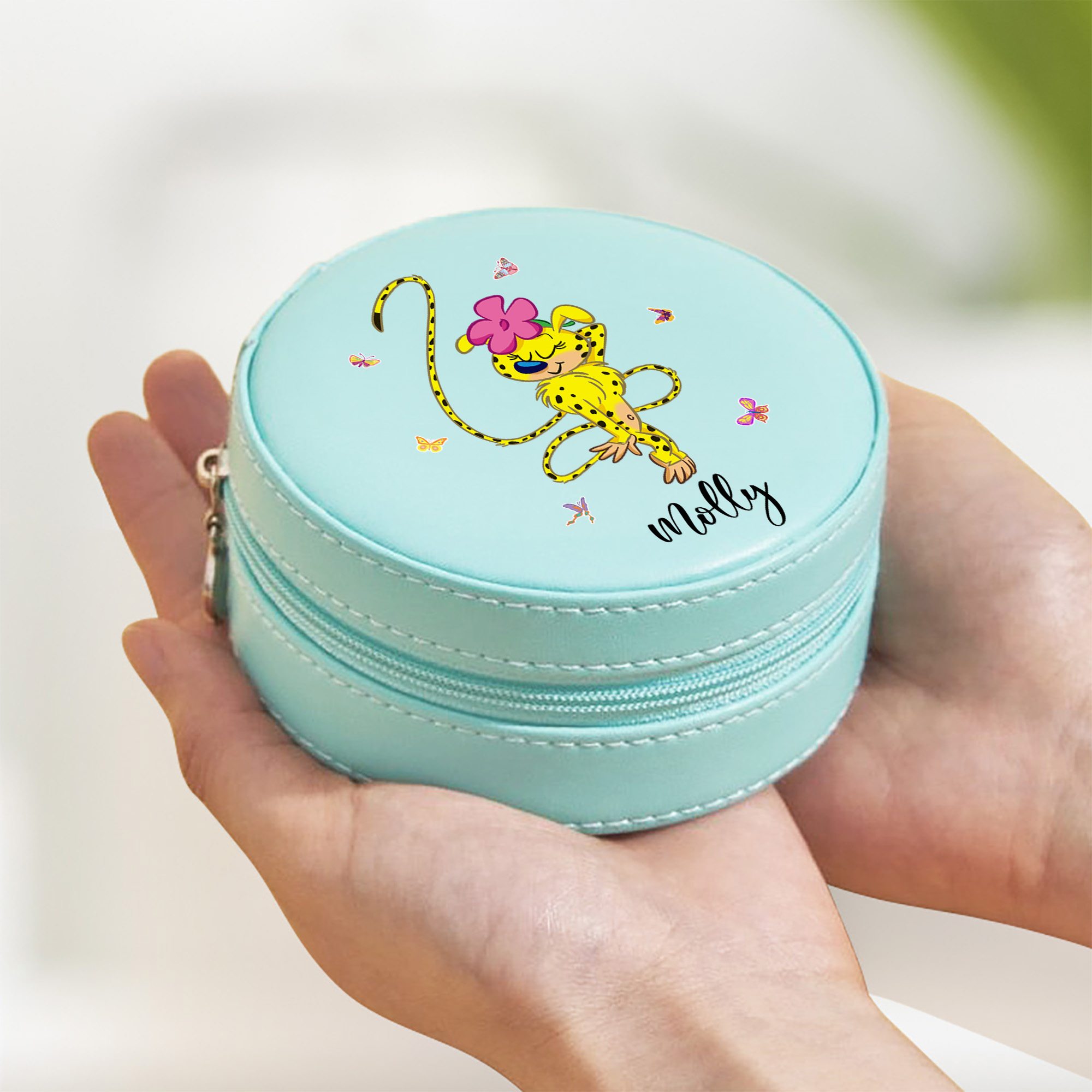Boîte à bijoux personnalisée en cuir de Marsupilami à longue queue avec nom Cadeau d'anniversaire pour les filles | Callie × Marsupilami®.