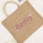 Personalised Rhinestone Large Jute Tote Bag with Name Wedding Party Birthday Gift for Women