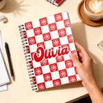 Personalized Birth Flower Checkerboard Pattern A5 Spiral Journal Notebook with Name and 60 Lined Pages Christmas Birthday Gift for Kids