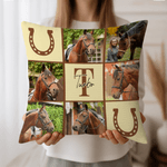 Personalized Nine-Square Grid Photo Horseshoe Soft Throw Pillow Cover with Name and Initial Home Decor Equestrian Game Day Gift for Horse Lovers