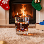 Personalised Christmas Hat Reindeer Antlers Floral Initial Lights 10 oz Whiskey Glass with Name Anniversary Christmas Gift for Dad Whiskey Lover