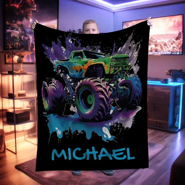 Personalised Big Wheel Off-Road Lorry Soft Throw Blanket with Name Home Decor Birthday Gift for Children