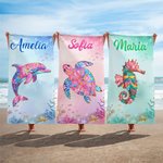 Personlig strandhandduk med havsdjur design superstor och snabbttorkande med namn perfekt present för semester eller födelsedag