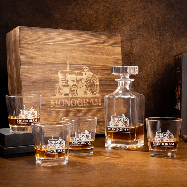 Personalized Tractor Engraved Name Whiskey Decanter Glasses Set with Wooden Box Birthday Anniversary Gift for Men Whiskey Lovers