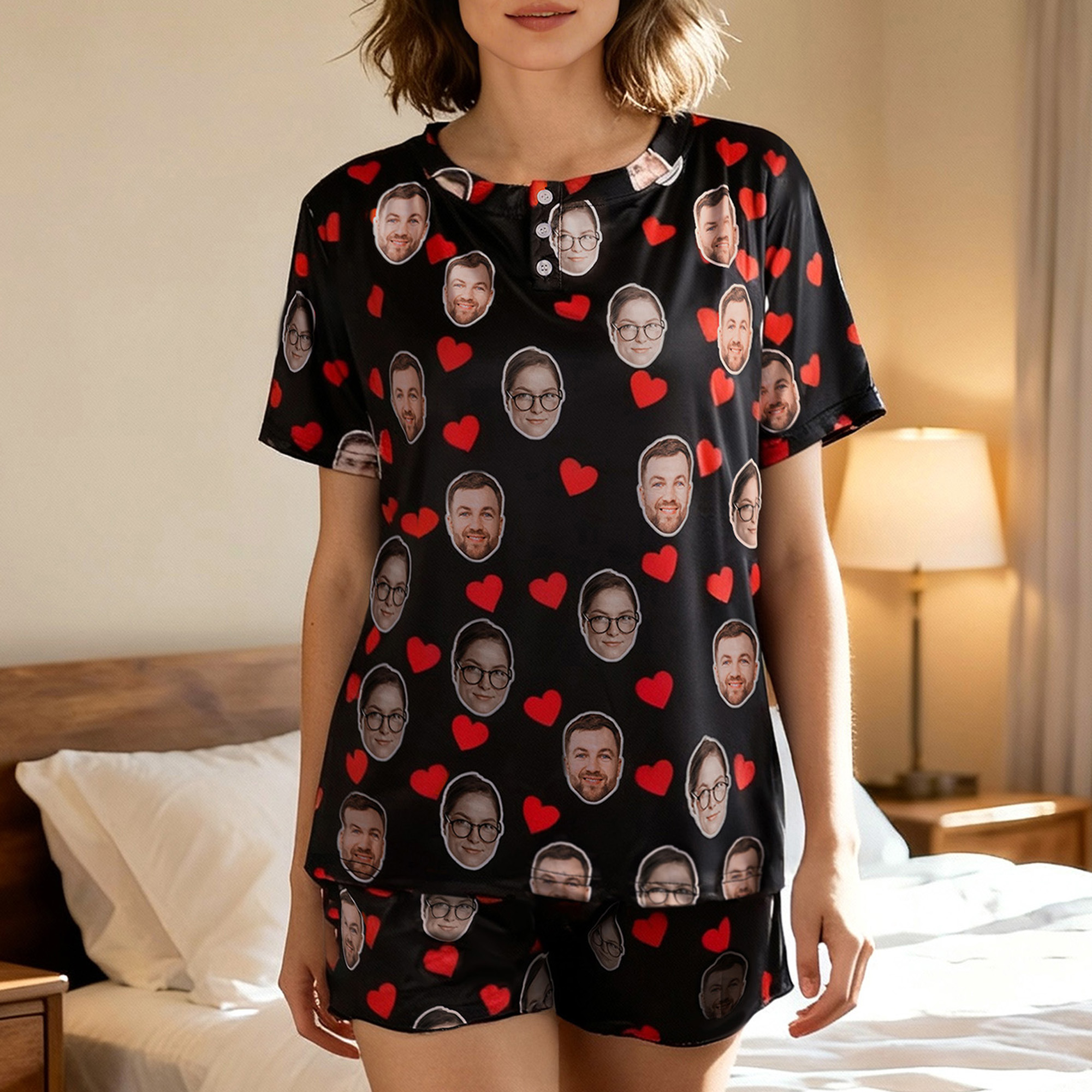 Ensemble de pyjama multicolore personnalisé avec photo de visage ou d'animal - Cadeau Saint-Valentin anniversaire pour couples et amoureux des animaux