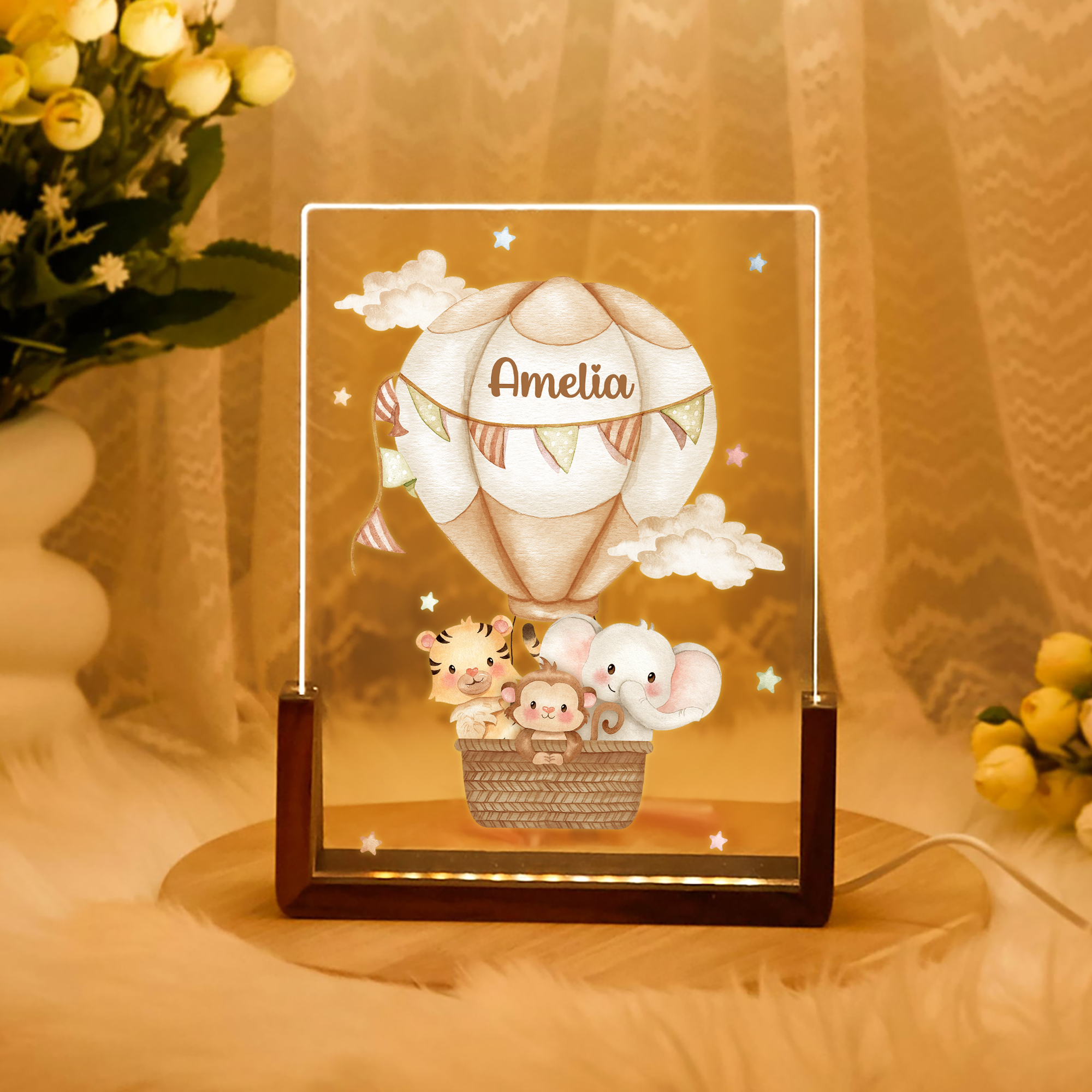Veilleuse LED en acrylique personnalisée Animal Montgolfière avec socle en bois et nom Cadeau d'anniversaire pour la famille et les enfants