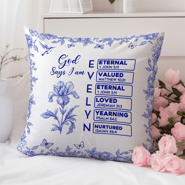 Personalized God Says I Am Toile De Jouy Birth Flower Soft Throw Pillow Cover with Bible Name Home Decor Birthday Gift for Christians Friends