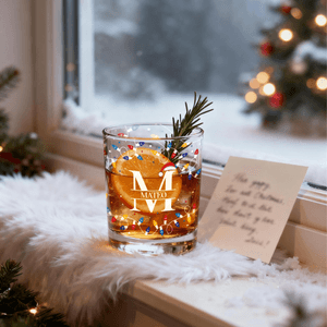 Personalised Christmas Hat Reindeer Antlers Floral Initial Lights 10 oz Whiskey Glass with Name Anniversary Christmas Gift for Dad Whiskey Lover