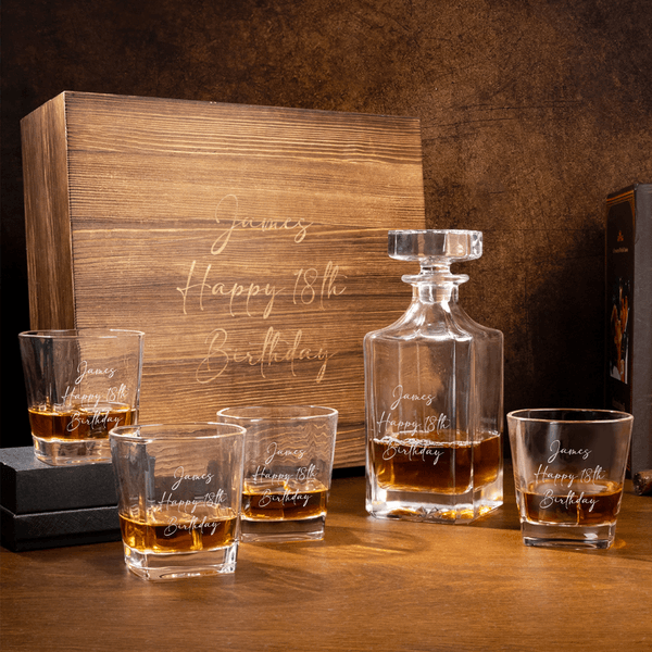 Personalized Birthday Theme Whiskey Decanter Glass Box with Engraved Name Birthday Anniversary Gift for Liquor Lovers