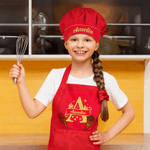 Personalized Christmas Initial Adjustable Kid Apron Chef Hat Set with Name and Pocket Cooking Handcraft Activities Christmas Gift for Boys Girls